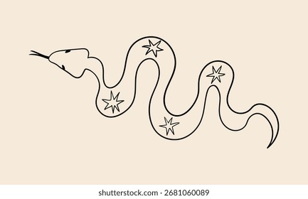 Ilustración de línea de Vector de contorno dibujado a mano mística de serpiente con símbolos de estrella. Clipart de contorno bohemio minimalista