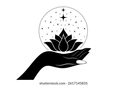 Mystical Hand Embracing a Sacred Lotus flower with Stars logo circle design. Floral magic celestial clipart of yoga, spa, beauty salon, cosmetics, relax, brand style, tattoo Isolated white background