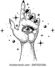 A mystical hand with an eye. Line art. Hand-painted with ink and pen.