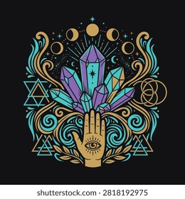 Mystical hand illustration featuring glowing crystals and celestial moon phases