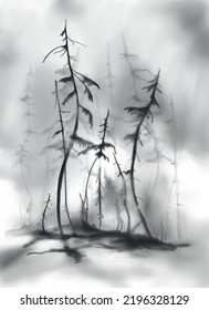 Un místico paisaje vectorial blanco y negro dibujado a mano. Pinos y primos curvos. Papeles tapizados, diseños de plantillas, postales, salvapantallas.
