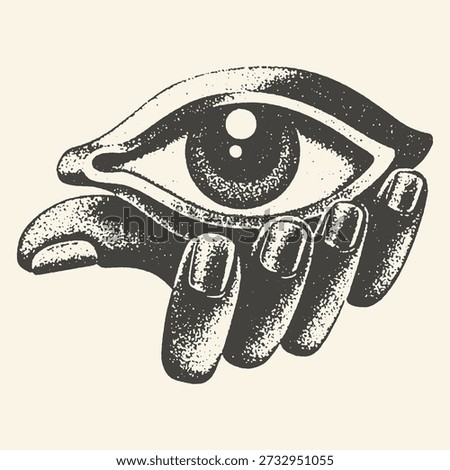 A mystical hand-drawn stippling illustration of a human eye held by a hand, featuring a vintage woodcut style with a dark, esoteric aesthetic on a cream background.