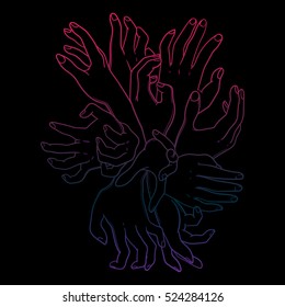 Mystical hands from the abyss of hell. Bouquet of hand. Hand drawn vector illustration. Tattoo style. Could be used as design for coloring book or as part of Halloween decor.