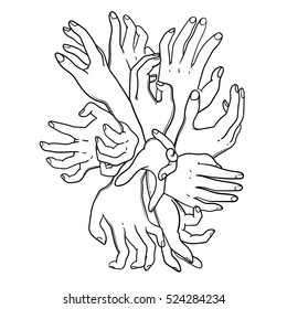 Mystical hands from the abyss of hell. Bouquet of hand. Hand drawn vector illustration. Tattoo style. Could be used as design for coloring book or as part of Halloween decor.