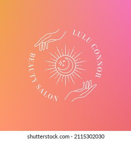 Mystical hands and boho moonlight line art logo. Magic hands brand template, vector stock clip art