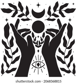 Mystical hands, celestial symbols of the phases of the moon and stars. Boho eyes and branches. Esoteric, spiritual, Wiccan occult concept. Perfect for T-shirts and other prints. Vector.