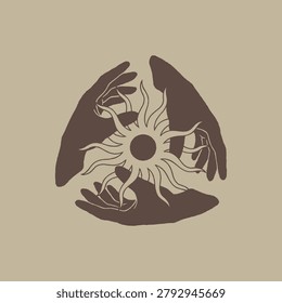 Mystical Hands Holding Abstract Sun Symbol Illustration