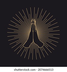 Mystical Hands In Line Art Style On A Black Background. Ritual Sign. Magic Rite. T-shirt With Print. Pray To God. The Power Of Prayer. Closed Palms