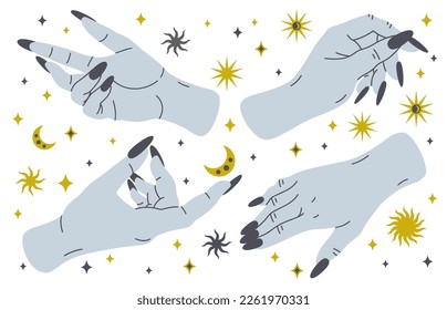 Mystical hands. Magic boho palms with doodle moon and stars, female hand with long nails, trendy tattoo style esoteric flat vector illustration set