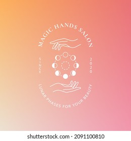 Mystical hands and moon phases vector logo. Magic hands brand template, vector stock clip art