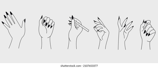 Mystical hands outline elements collection. Esoteric women line isolated set. Different hand silhouettes in contour design