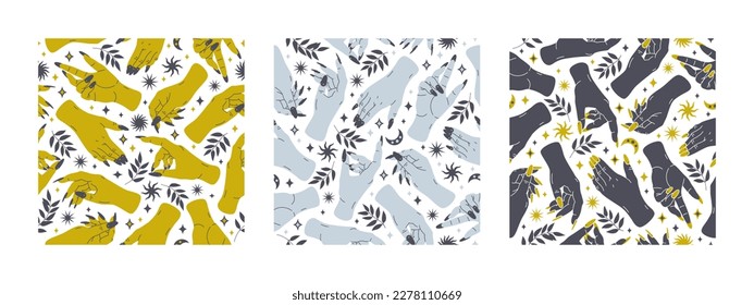 Manos místicas sin costura. Manos de bruja femenina con uñas largas, palmas con hojas, luna y estrellas. Juego de ilustraciones de fondo vectorial plano de manos mágicas