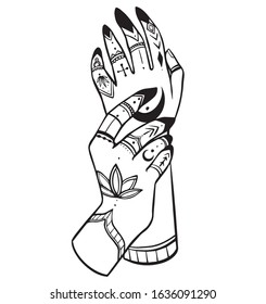 
Mystical hands. Vector black and white hands with tattoo