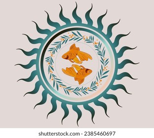ilustración mística de liebre, pescado, magia, astrología, adivinación, ilustración de un animal en el cielo estrellado, sol, hojas, pentograma, brujería oculta, signos secretos, taro, alquimia