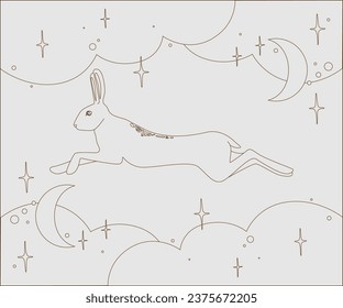 mystical hare illustration, rabbit, magic, astrology, fortune telling, illustration of an animal in the starry sky, contour line drawing