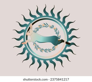 ilustración mística de liebre, conejo, magia, astrología, adivinación, ilustración de un animal en el cielo estrellado, sol, hojas, pentograma, brujería oculta, signos secretos, taro, alquimia