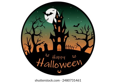 Mystical haunted house with a full moon, bats, tombstones, dead trees and pumpkin lanterns. Spooky house. Vectors Illustrations