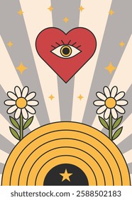 Mystical Heart with All-Seeing Eye and Daisies – Retro Surrealist Illustration  