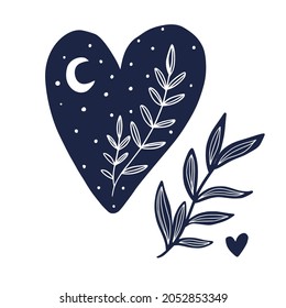 mystical heart with stars and a leaf. Mystical celestial clipart