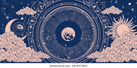 Mystical heavenly banner with sun and moon, shining planet in outer space, astrology card for zodiac. Vector hand drawn illustration. Universe pattern with stars and clouds.