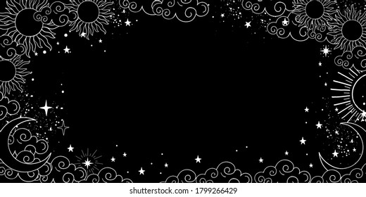 A mystical heavenly black banner with copy space, moon, sun, and stars. Space background with place for text. Blank for astrology, fortune-telling, boho parties. Vector illustration