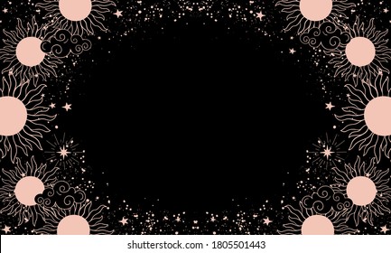 A mystical heavenly black banner with copy space, moon, sun, and stars. Space background with place for text. Blank for astrology, fortune-telling, boho parties. Vector illustration