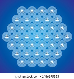 Mystical hexagon esoteric openwork mandala background with silhouette of yogi and the signs Aum / Ohm / Om. Vector graphics.