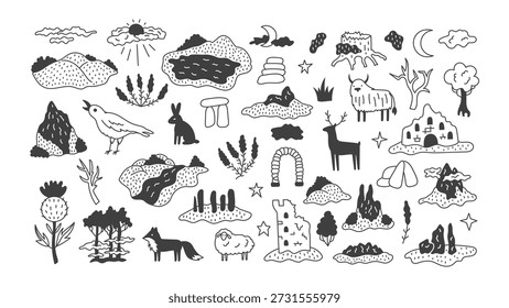 Mystical Highland Nature Elements Set. Hand Drawn Sketch Scotland Fantasy Wild Woodland Outland Plants Animals Stones Ruined Castle Mountain Landscape Vector illustration collection 