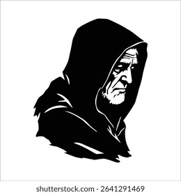 Mystical Hooded Man Illustration — Monochrome Handmade Art for Minimal Design, Fantasy Themes, and Editorial Concepts