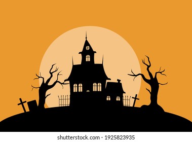 Mystical house in cemetery silhouette illustration. Spooky old palace with dry trees and gravestones against setting sun with creepy gothic vector.