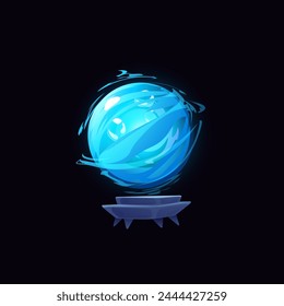 Mystical ice ball. Glowing blue sphere on a pedestal, game resources vector illustration. Conveys the essence of magic, highlighted against a dark background.