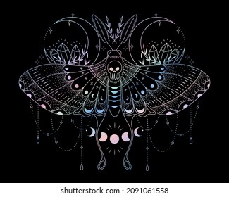 mystical illustration of a butterfly or moth. mysterious night in a secret garden. magic aesthetics, wildlife, retro vintage engraving style