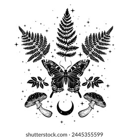 Mystical illustration of a butterfly. Vector illustration in tattoo style, magical aesthetics, wildlife, retro vintage engraving style