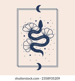 Mystical illustration of celestial snake, witchcraft symbol, witchy esoteric objects
