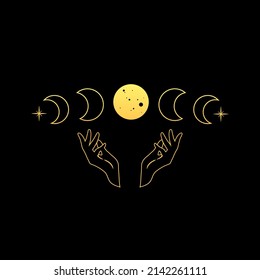 mystical illustration composition of the phases of the moon and hands