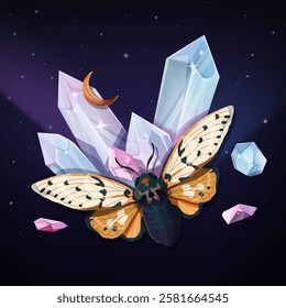A mystical illustration with a delicate moth, a glowing blue and purple crystal, a crescent moon, and sparkling stars against a dark, ethereal background