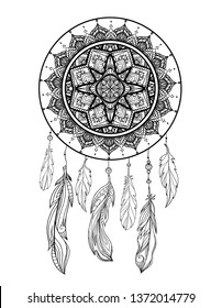 Mystical illustration of a dreamcatcher with a boho tracery pattern, feathers with beads on a white background. Vector magic tribal card for coloring pages and your creativity.