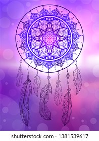 Mystical illustration of a dreamcatcher with a boho tracery pattern, feathers with beads on blurred sunrise seascape. Native illustration. Vector magic tribal card for your creativity.