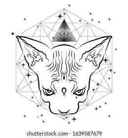 Mystical illustration with an Egyptian cat head. Suitable for illustrating mysterious phenomena, esotericism, horoscopes, mysticism, sacred knowledge.