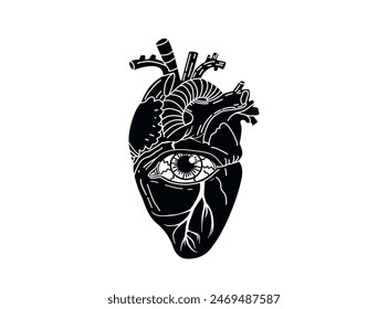 Mystical illustration. Eye in the heart. Vector drawing. Heart tattoo. Look with your heart. Gothic style. Alchemical experiment