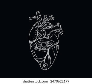 Mystical illustration. Eye in the heart. Vector drawing. Heart tattoo. Look with your heart. Gothic style. Alchemical experiment. Line drawing. Outline illustration