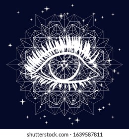 Mystical illustration with an eye. Suitable for illustrating mysterious phenomena, esotericism, horoscopes, mysticism, sacred knowledge.