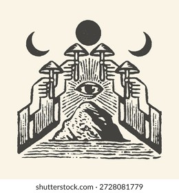 A mystical illustration featuring an all-seeing eye above a mountain, flanked by hands holding mushrooms, with celestial bodies like a sun and moons present.