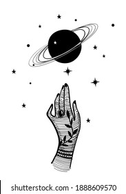 Mystical illustration with a female hand and planet with rings. Saturn and palm in vintage design, vector hand drawn illustration isolated on white background. Boho tattoo.