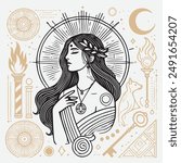 A mystical illustration of a goddess-like woman adorned with a laurel wreath, surrounded by symbolic elements such as the sun, moon, torches, and a key. The detailed design combines elements of spirit