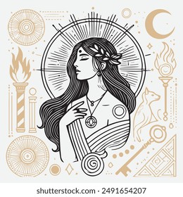 A mystical illustration of a goddess-like woman adorned with a laurel wreath, surrounded by symbolic elements such as the sun, moon, torches, and a key. The detailed design combines elements of spirit