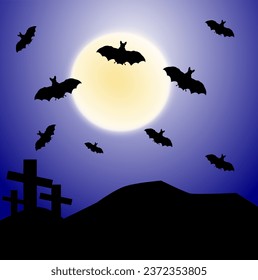 Mystical illustration for Halloween. Gloomy landscape with a cemetery and bats flying against the backdrop of the full moon