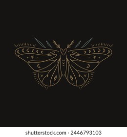 Mystische Illustration der Nachtmottengravur minimalistischer Silhouetten-Linienkonturstil. Saturnia Pavonia Mond Schmetterling esoterischer geheimnisvoller Garten-Print. Magische Hexerei Zauber Ästhetik