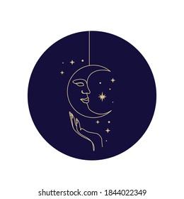 Mystical illustration in one line art style with hand, moon and stars. Magical and mysterious hand drawn continuous line design.Boho vector illustration for icon,tattoo, logo, beauty, fashion, print