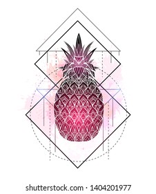 Mystical illustration of a pineapple with a contour drawing and pink watercolor splashes. Magic triangular drawing. Vector element for cards, postcards and your creativity.